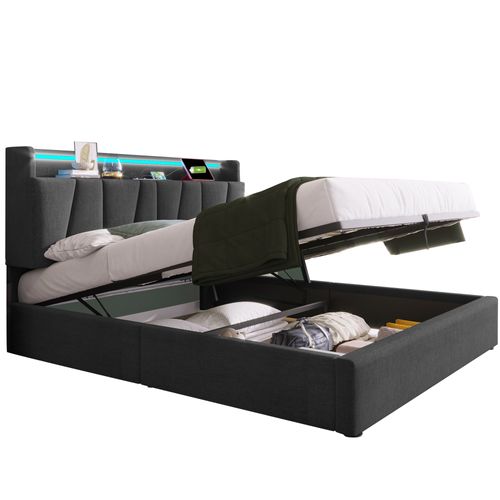 Lit Coffre 160x200 Cm Avec Tête De Lit Rangement Et Prises Tissu Gris