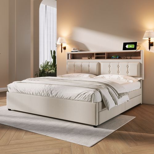 Lit Rembourré 140x200 Cm Avec 4 Tiroirs Sur Roulettes Beige