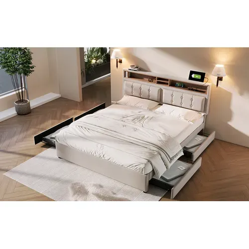 Lit Rembourré 140x200 Cm Avec 4 Tiroirs Sur Roulettes Beige