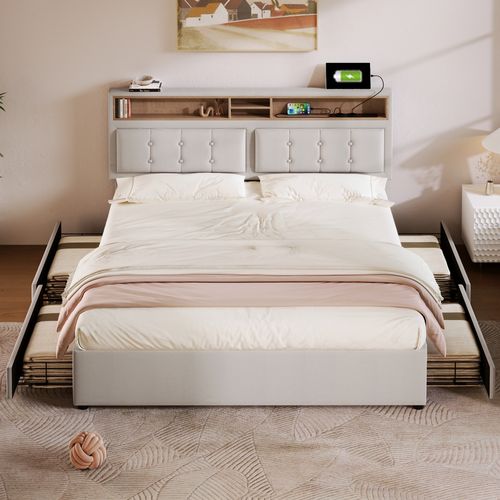 Lit Rembourré 140x200 Cm Avec 4 Tiroirs Sur Roulettes Beige