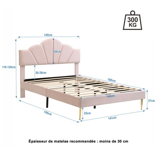 Lit Double Velours Rose 140x190 Cm, Tête De Lit Coquille Réglable