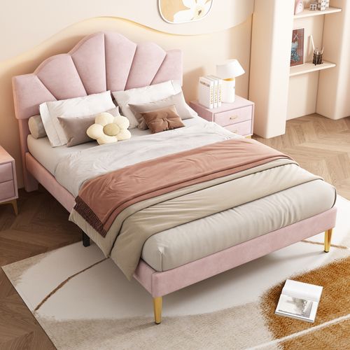 Lit Double Velours Rose 140x190 Cm, Tête De Lit Coquille Réglable
