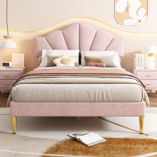 Lit Double Velours Rose 140x190 Cm, Tête De Lit Coquille Réglable