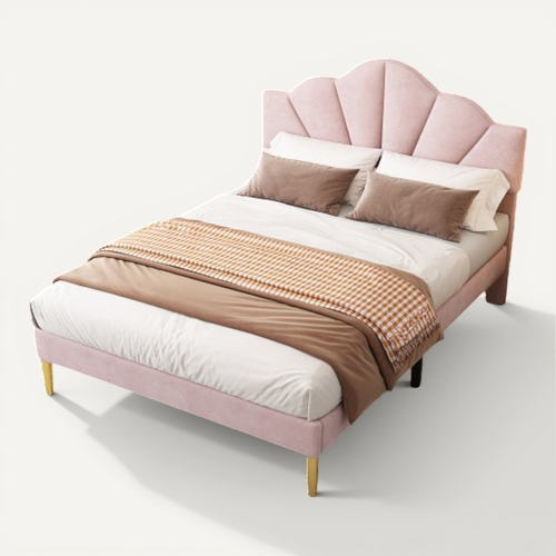 Lit Double Velours Rose 140x190 Cm, Tête De Lit Coquille Réglable