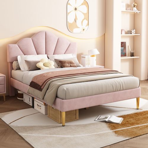 Lit Double Velours Rose 140x190 Cm, Tête De Lit Coquille Réglable