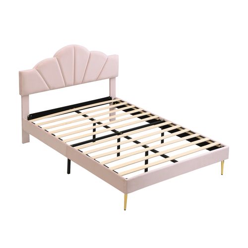 Lit Double Velours Rose 140x190 Cm, Tête De Lit Coquille Réglable
