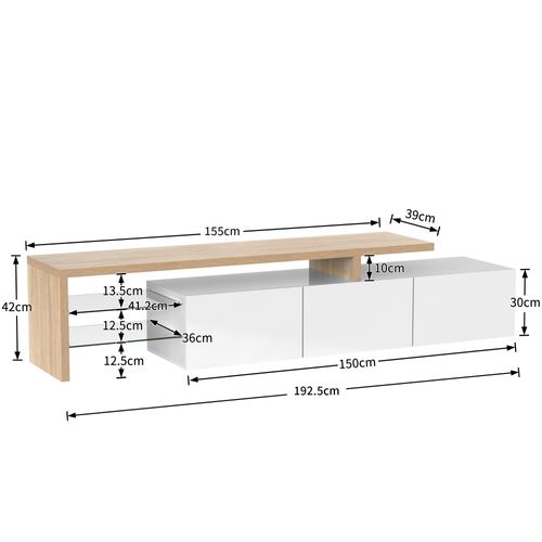 Meuble TV 197,5 Cm Avec 3 Rangements Et Étagères En Verre Blanc Et Bois Naturel