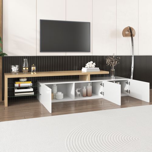 Meuble TV 197,5 Cm Avec 3 Rangements Et Étagères En Verre Blanc Et Bois Naturel
