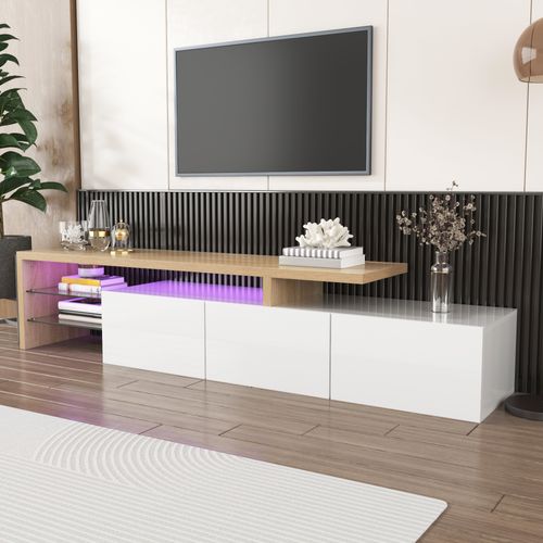 Meuble TV 197,5 Cm Avec 3 Rangements Et Étagères En Verre Blanc Et Bois Naturel