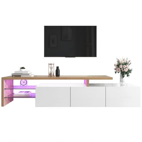 Meuble TV 197,5 Cm Avec 3 Rangements Et Étagères En Verre Blanc Et Bois Naturel