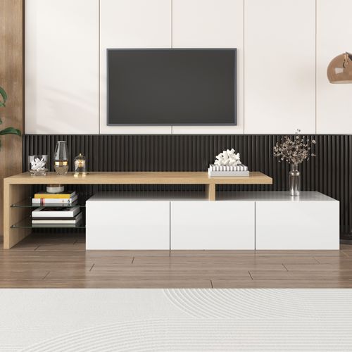 Meuble TV 197,5 Cm Avec 3 Rangements Et Étagères En Verre Blanc Et Bois Naturel