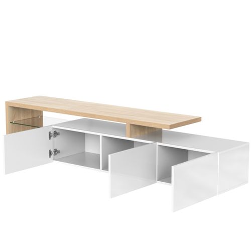 Meuble TV 197,5 Cm Avec 3 Rangements Et Étagères En Verre Blanc Et Bois Naturel
