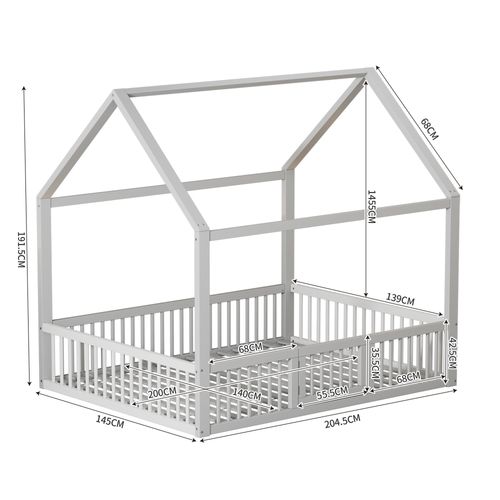 Lit Enfant Cabane Blanc 140x200 Cm Avec Porte Et Barrières De Sécurité