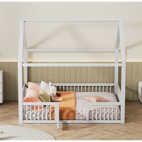 Lit Enfant Cabane Blanc 140x200 Cm Avec Porte Et Barrières De Sécurité