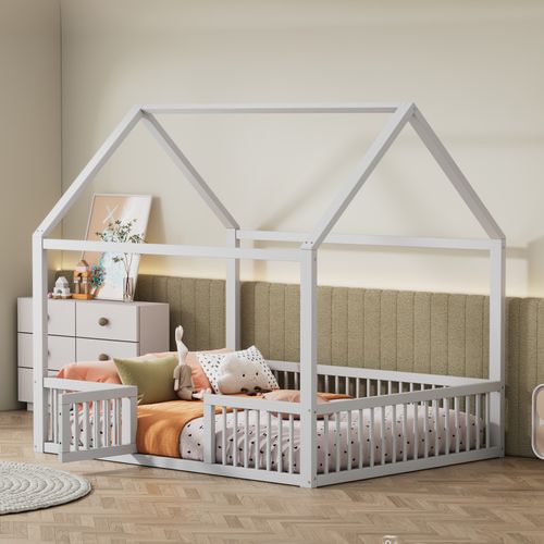 Lit Enfant Cabane Blanc 140x200 Cm Avec Porte Et Barrières De Sécurité