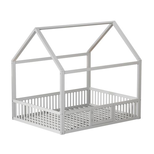 Lit Enfant Cabane Blanc 140x200 Cm Avec Porte Et Barrières De Sécurité