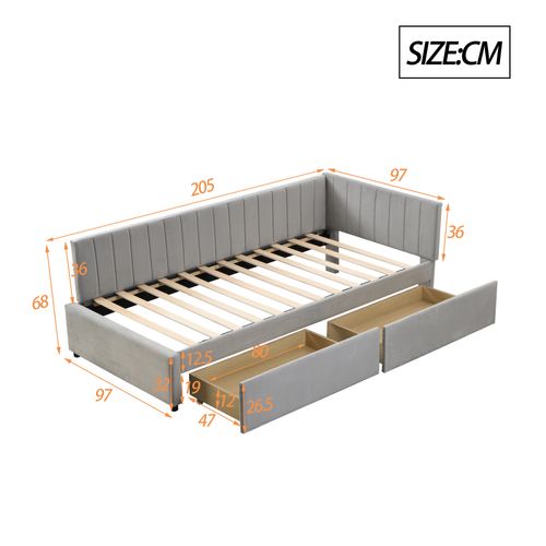 Lit Banquette En Tissu Gris 90x200 Avec 2 Tiroirs De Rangement