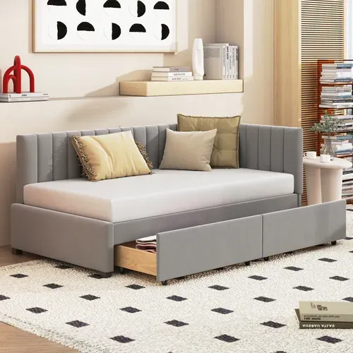 Lit Banquette En Tissu Gris 90x200 Avec 2 Tiroirs De Rangement