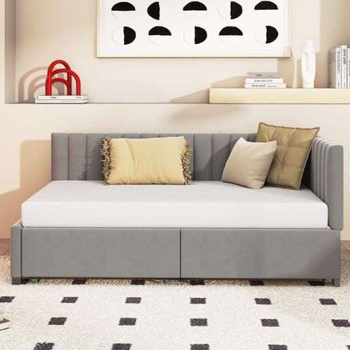 Lit Banquette En Tissu Gris 90x200 Avec 2 Tiroirs De Rangement