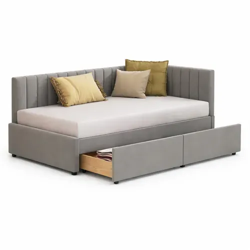 Lit Banquette En Tissu Gris 90x200 Avec 2 Tiroirs De Rangement