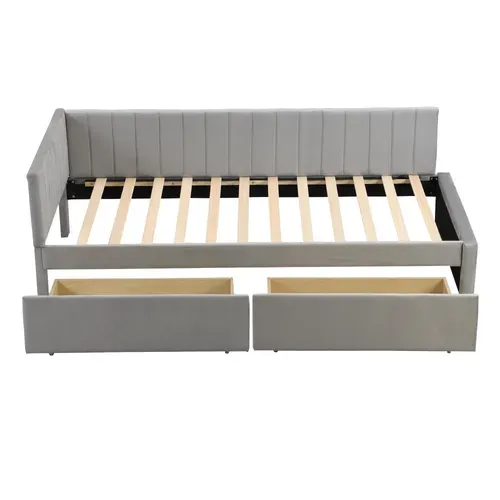 Lit Banquette En Tissu Gris 90x200 Avec 2 Tiroirs De Rangement