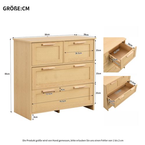 Commode 4 Tiroirs En Rotin Avec Structure En Bois 80x80x38 Cm, Rangement Chambre Salon Naturel