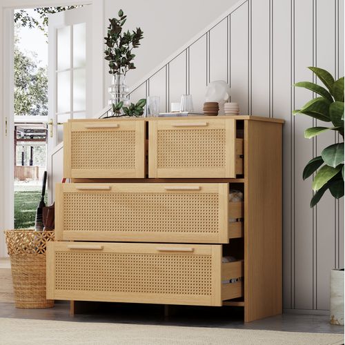 Commode 4 Tiroirs En Rotin Avec Structure En Bois 80x80x38 Cm, Rangement Chambre Salon Naturel