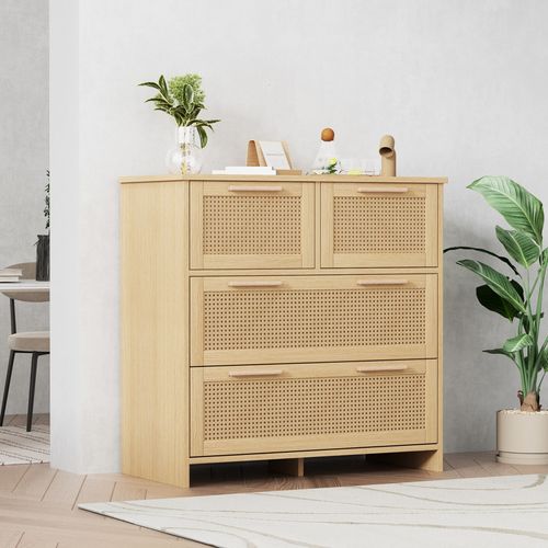 Commode 4 Tiroirs En Rotin Avec Structure En Bois 80x80x38 Cm, Rangement Chambre Salon Naturel