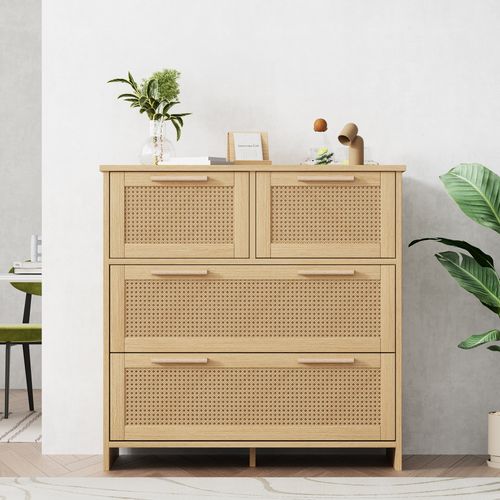 Commode 4 Tiroirs En Rotin Avec Structure En Bois 80x80x38 Cm, Rangement Chambre Salon Naturel