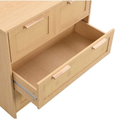 Commode 4 Tiroirs En Rotin Avec Structure En Bois 80x80x38 Cm, Rangement Chambre Salon Naturel