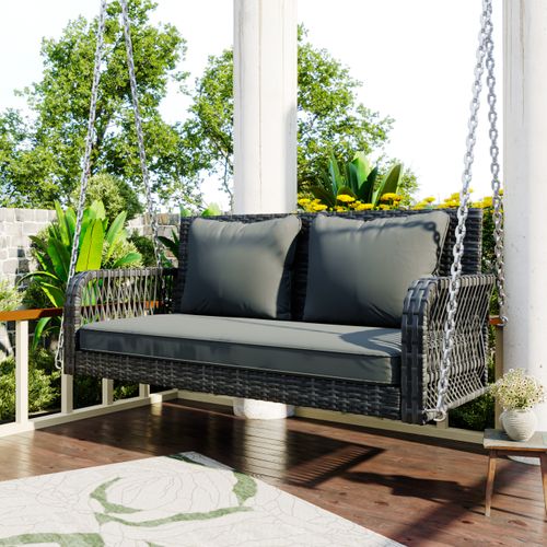 Balancelle De Jardin 113 Cm Avec Structure En Rotin Tressé, Grise