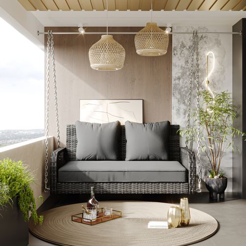 Balancelle De Jardin 113 Cm Avec Structure En Rotin Tressé, Grise