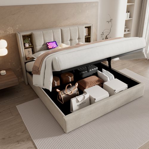Lit Coffre Natural 140x200 Cm Avec Tête De Lit Et Chargeur Sans Fil