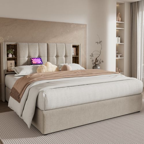 Lit Coffre Natural 140x200 Cm Avec Tête De Lit Et Chargeur Sans Fil