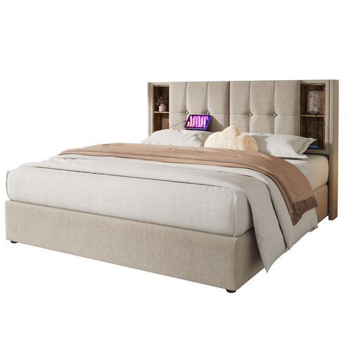 Lit Coffre Natural 140x200 Cm Avec Tête De Lit Et Chargeur Sans Fil