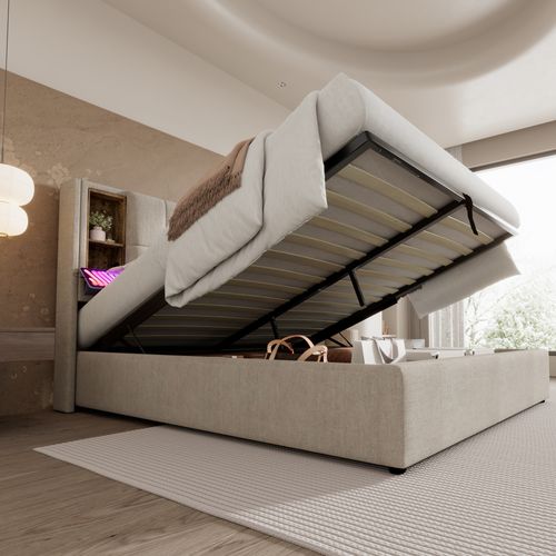 Lit Coffre Natural 140x200 Cm Avec Tête De Lit Et Chargeur Sans Fil