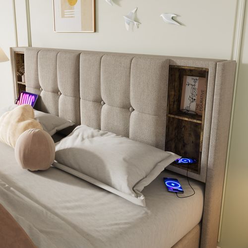 Lit Coffre Natural 140x200 Cm Avec Tête De Lit Et Chargeur Sans Fil