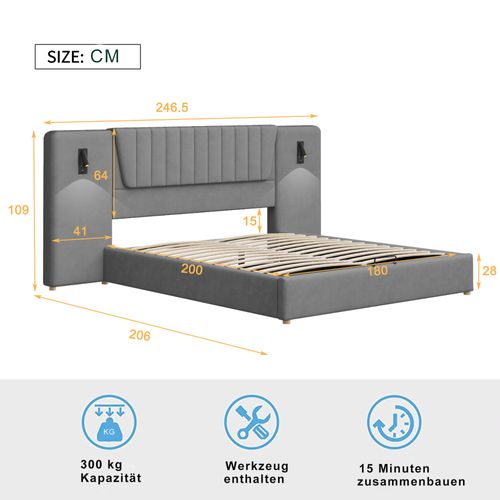 Lit Coffre 180x200 Cm Avec Rangement Hydraulique En Velours Gris