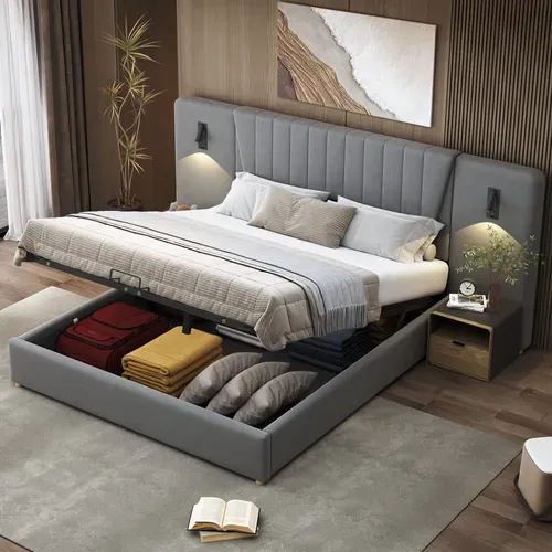 Lit Coffre 180x200 Cm Avec Rangement Hydraulique En Velours Gris
