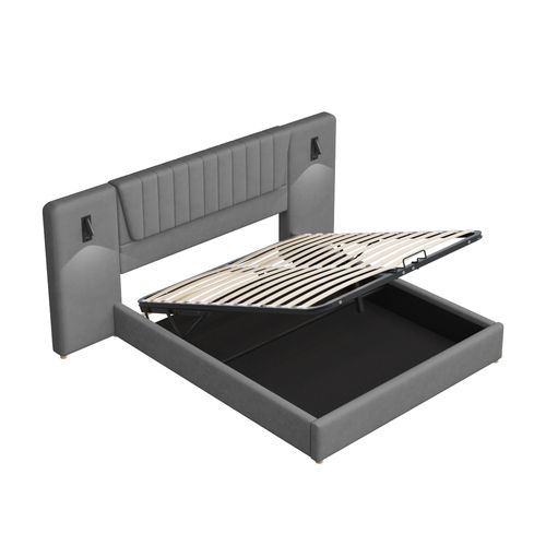 Lit Coffre 180x200 Cm Avec Rangement Hydraulique En Velours Gris