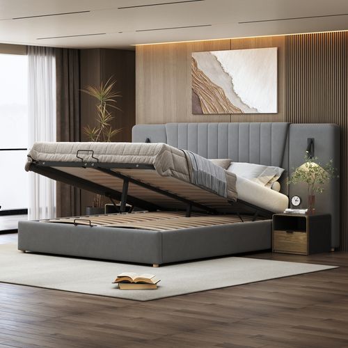 Lit Coffre 180x200 Cm Avec Rangement Hydraulique En Velours Gris