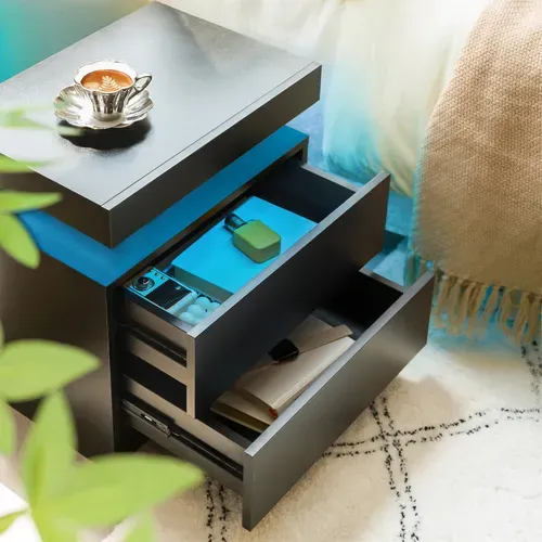 Table De Chevet 2 Tiroirs Avec Éclairage LED Réglable Noire