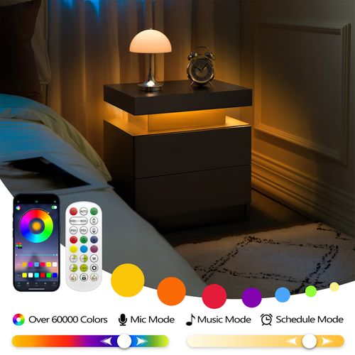 Table De Chevet 2 Tiroirs Avec Éclairage LED Réglable Noire