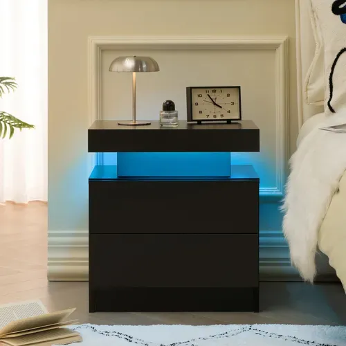Table De Chevet 2 Tiroirs Avec Éclairage LED Réglable Noire