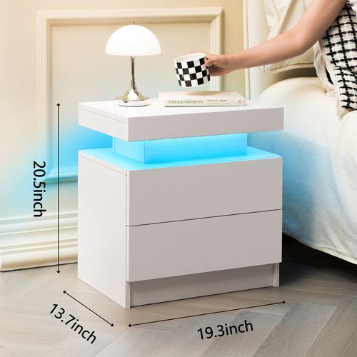 Table De Chevet Avec 2 Tiroirs Avec Éclairage LED Réglable, Blanche