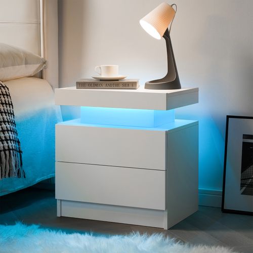 Table De Chevet Avec 2 Tiroirs Avec Éclairage LED Réglable, Blanche