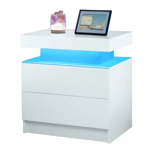Table De Chevet Avec 2 Tiroirs Avec Éclairage LED Réglable, Blanche