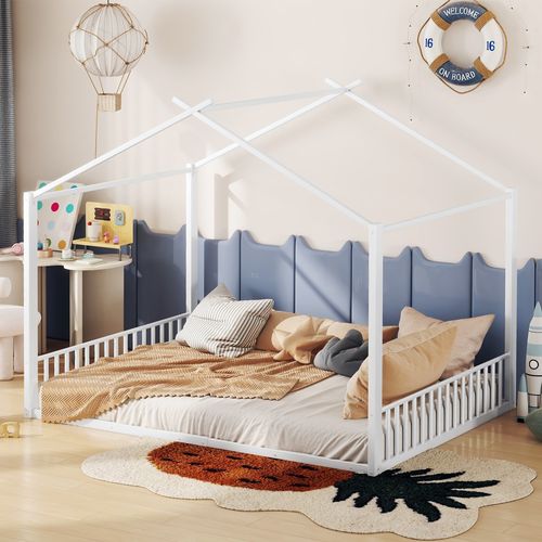 Lit Enfant Cabane Blanc 140x200 Cm En Métal, Pour Chambre