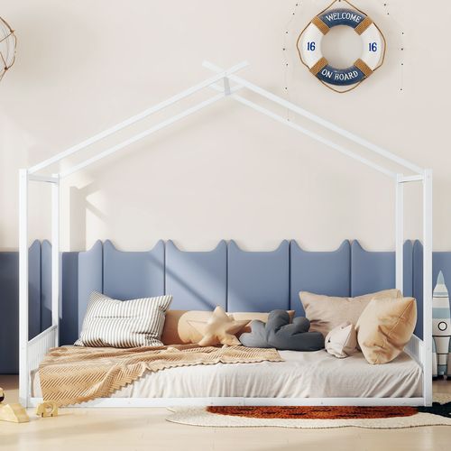 Lit Enfant Cabane Blanc 140x200 Cm En Métal, Pour Chambre