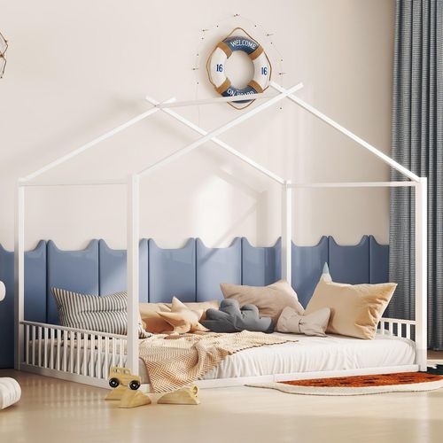 Lit Enfant Cabane Blanc 140x200 Cm En Métal, Pour Chambre